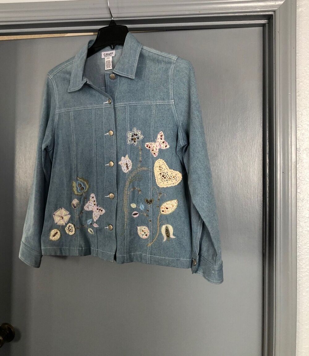 GRAFF By UM Company Womens floral beads Embroidered Denim Jean Jacket Sz Small